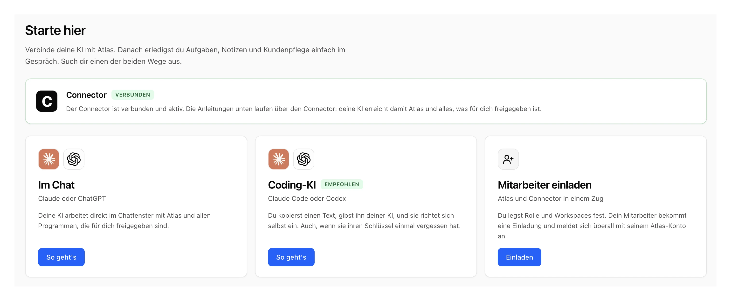 Die Seite Starte hier in Atlas mit der Karte Connector verbunden und den drei Karten Im Chat, Coding-KI und Mitarbeiter einladen