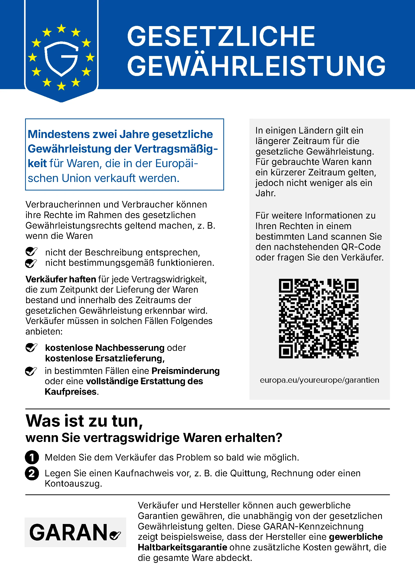 Offizielle EU-Mitteilung zur gesetzlichen Gewährleistung in deutscher Sprache, mit QR-Code