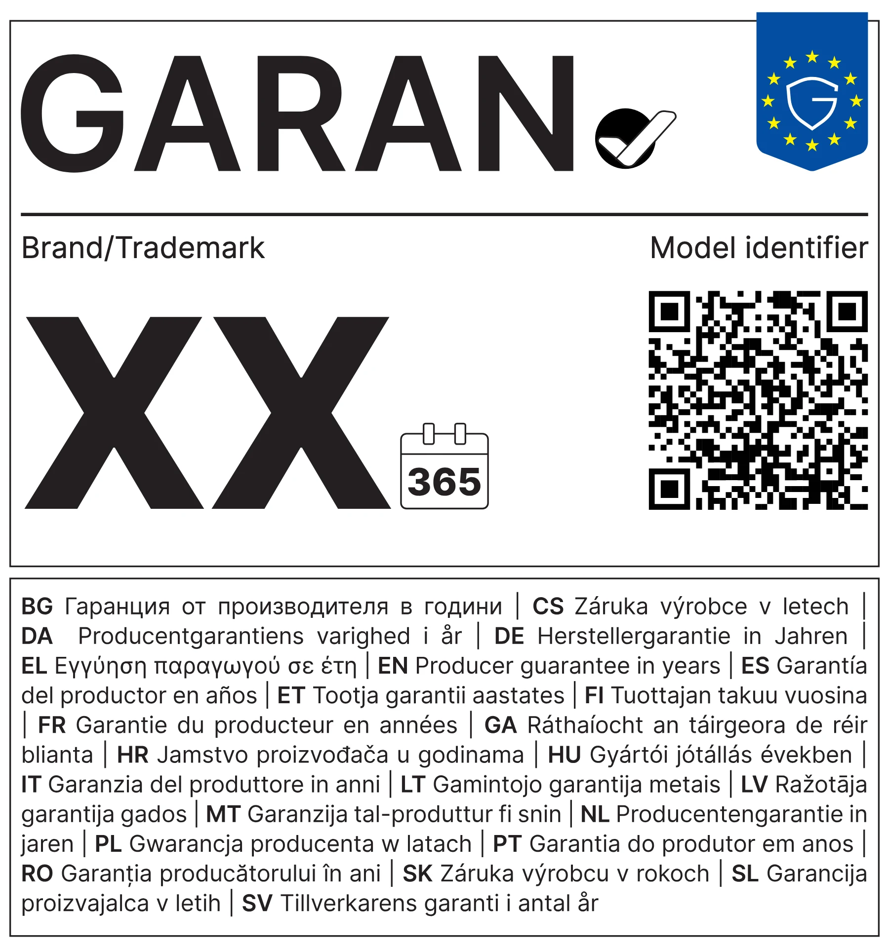 Offizielles Muster des GARAN-Labels der EU mit Feldern für Garantiedauer, Marke und Modellkennung